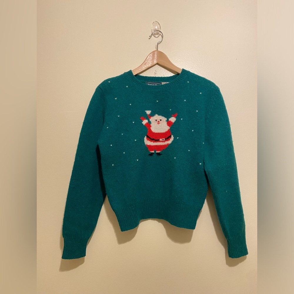 CARROLL REED Pure Wool Festive Green Sweater with Santa Design. Size S-M (40)